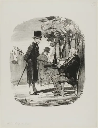 "- You are not having your bottle of beer with us this evening... I can tell you are having a private dinner party today, you scoundrel...," plate 81 from Les Bons Bourgeois