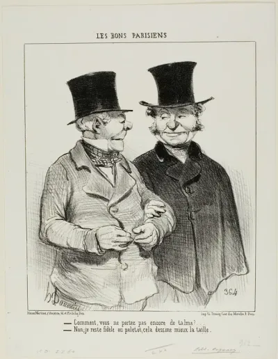 “- You are not wearing a Talma yet? - No, I remain loyal to the overcoat, it's more flattering to my waistline,” plate 1 from Les Bons Parisiens