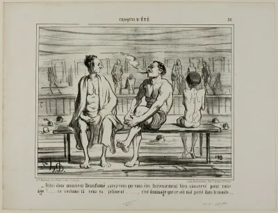 “You know, Monsieur Beaufumé, actually you have kept damned well considering your age. This costume suits you perfectly.... just too bad that it does not look good on everybody,” plate 36 from Croquis D'été