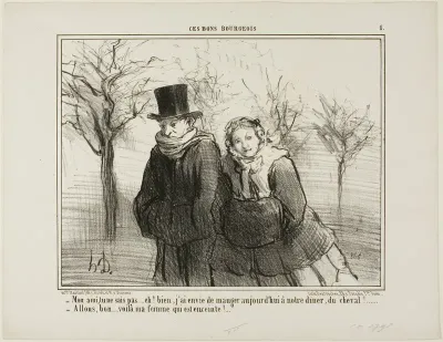 “- You know my dear, you'll never believe this, but I think I would love to have some horse-meat for dinner tonight! - There we go.... my wife must be pregnant!,” plate 1 from Ces Bons Bourgeois