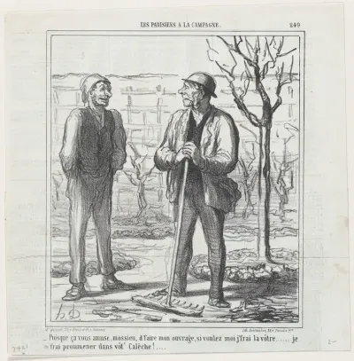 You seem to enjoy doing my work. In exchange I could offer doing your job: I will go for a ride in your coach!, from "Parisians in the countryside"