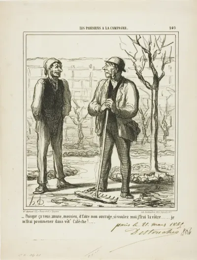 “- You seems to enjoy doing my work. In exchange I could offer doing your job: I will go for a ride in your coach!,” plate 249 from Les Parisiens A La Campagne