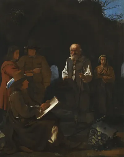 Young artist drawing beggars in a landscape