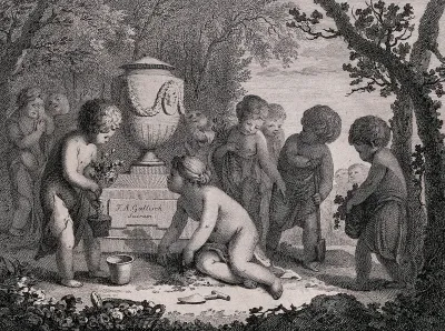 Young children scattering flowers around the tomb of F.A