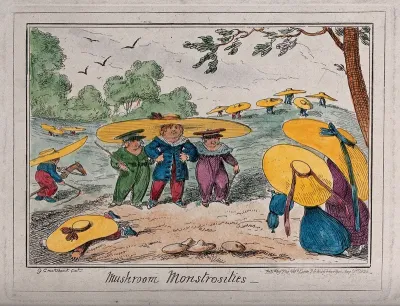 Young children wearing enormously wide-brimmed hats as they play in the fields