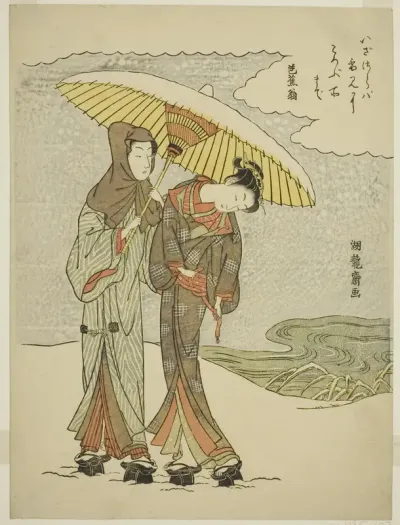 Young Couple Under an Umbrella in the Snow
