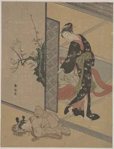 Young Lady Looking through Door at Her Kamuro (Little Servant) who is Asleep on the Floor