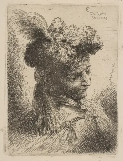 Young man facing three quarters right wearing a fur headdress with a plume, jewel and a headband, from "Small Heads in Oriental Headdress"