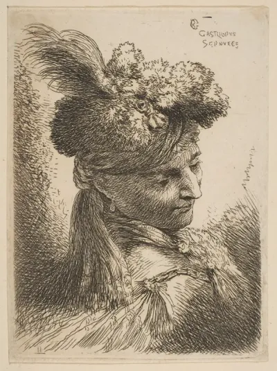 Young man facing three quaters right wearing a fur headdress with a plume, jewel and a headband, from series of 'Small Heads in Oriental Headdress'