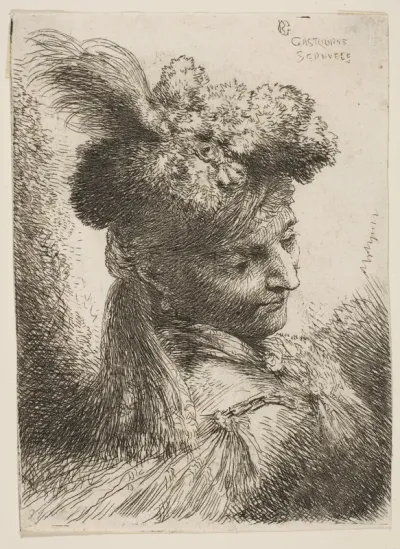 Young man facing three quaters right wearing a fur headdress with a plume, jewel and a headband, from "Small Heads in Oriental Headdress"