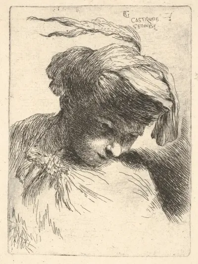 Young man looking down to right, from "'Small Heads in Oriental Headdress"