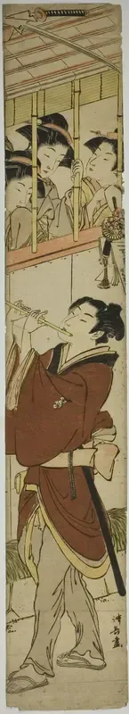 Young Man Playing Flute as Three Girls Watch