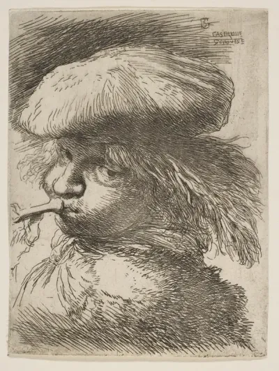 Young man with a trumpet facing left, from "Small Heads in Oriental Headdress"