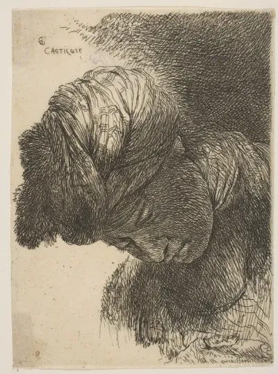 Young man with his head lowered, wearing a turban, facing left, from the series of  'Small Heads in Oriental Headdress' (19th century impression)