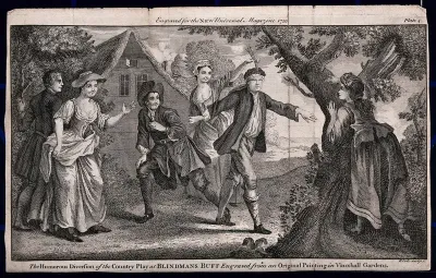 Young men and women are playing blind man's buff