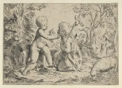 Young Saint John the Baptist kneeling before the infant Christ who caresses his face, the Virgin and Joseph in the background at right, after Reni