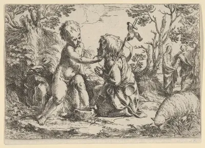 Young Saint John the Baptist kneeling before the infant Christ who caresses his face, the Virgin and Joseph in the background at right