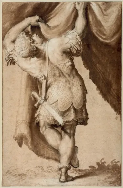 Young Warrior, Seen from Behind, Lifting a Curtain