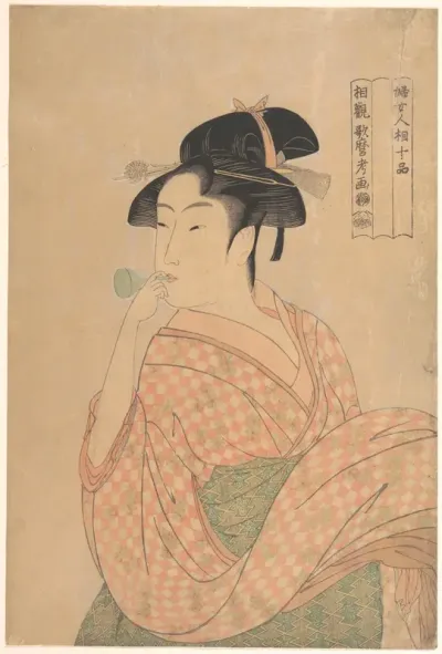 Young Woman Blowing a Popen (glass noisemaker), from the series “Ten Classes of Women’s Physiognomy” (Fujo ninsō juppen)