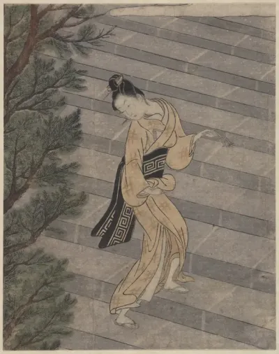 Young Woman Climbing Stone Stairs to a Shinto Temple