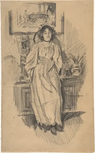 Young Woman Leaning against a Low Cabinet in Artist's Studio