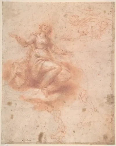 Young Woman on a Cloud with Three Figures (recto); Studies of an Old Man and a Hand (verso)