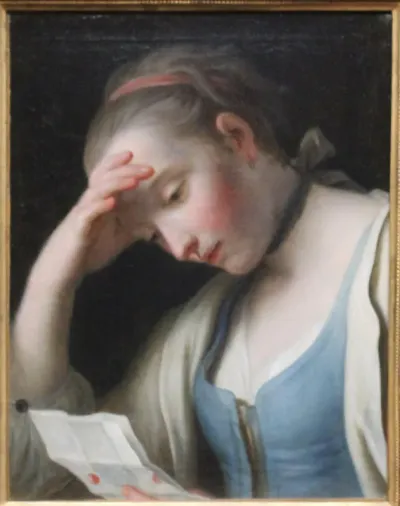 Young woman reading a letter, with her right hand on her forehead