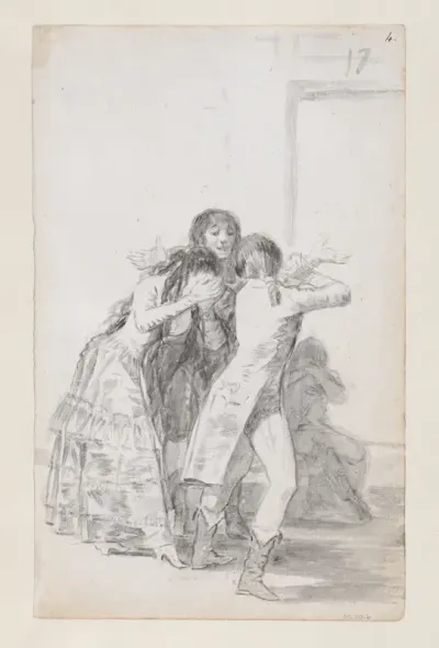 Young woman weeping and covering her face with her hands, accompanied by men; folio 17 (recto) from the Madrid Album "B"