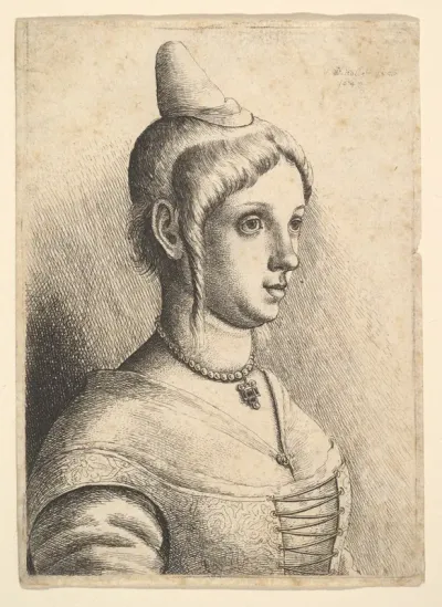 Young woman with a conical hat to right