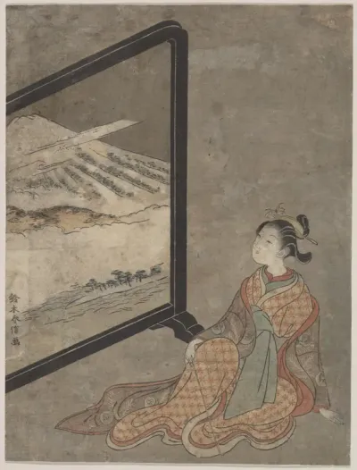 Young Woman with a Pipe in Her Hand Gazing at Landscape Painted on a Screen