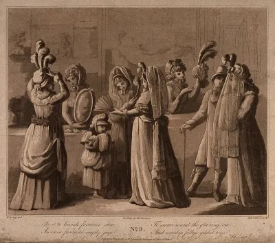 Young women are trying on hats and looking at fans in a milliner's shop