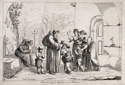 Young women with their children kissing a reliquary presented to them by a hermit