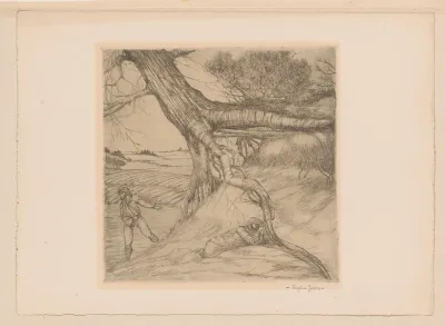 Zaaier en liggend figuur met gevouwen handen in een landschap