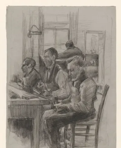 Zaal met drie blinde borstelmakers en een klerk