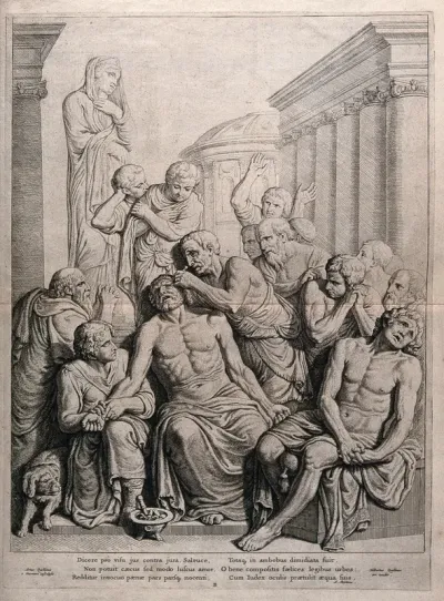 Zaleucus having one of his eyes removed for one of his son's eyes, with six lines of verse by A