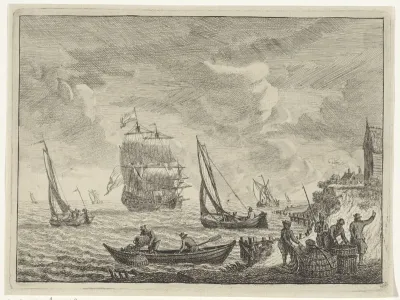Zeegezicht met boten voor de kust