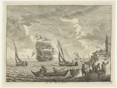 Zeegezicht met boten voor de kust