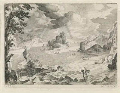 Zeegezicht met Christus en zijn leerlingen in de storm op het meer van Galilea