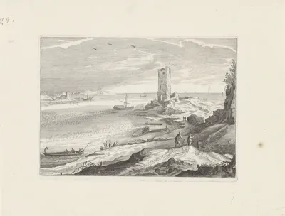 Zeegezicht met de ruïne van een toren