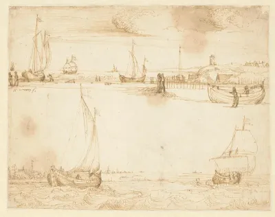 Zeegezicht met duinen en rechts een vuurtoren; zeegezicht met schepen op de Zuiderzee