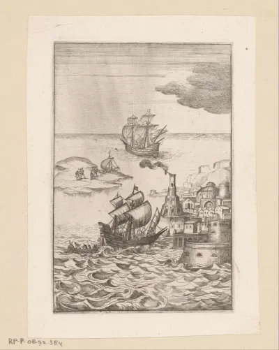 Zeegezicht met een eiland, schepen en een stad