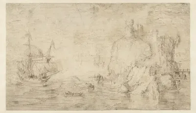 Zeegezicht met een schip bij een eiland