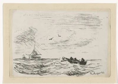Zeegezicht met een zeilschip en een roeiboot