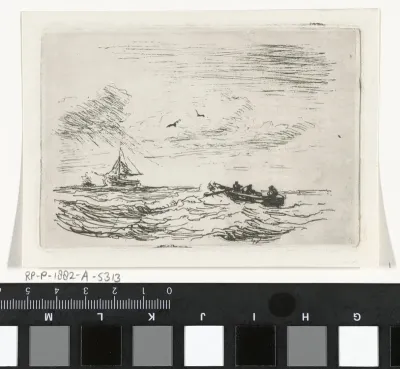 Zeegezicht met een zeilschip en een roeiboot