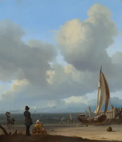 Zeegezicht met figuren bij een schip op de kust