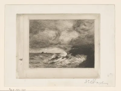 Zeegezicht met golven die breken op de rotsen