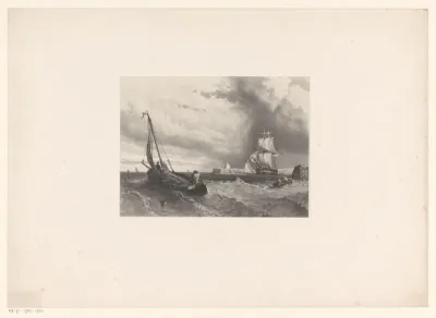 Zeegezicht met haven en verschillende boten