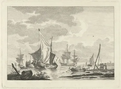 Zeegezicht met naakte figuren bij een roeiboot