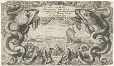 Zeegezicht met rand van zeedieren en een visnet