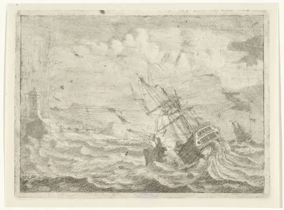 Zeegezicht met schip in nood